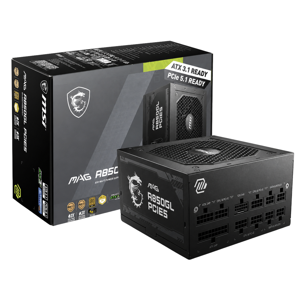 Fuente de Poder MSI MAG A850GLS PCIE5 850W 80 Plus Gold ATX 3.1 Full Modular Negra