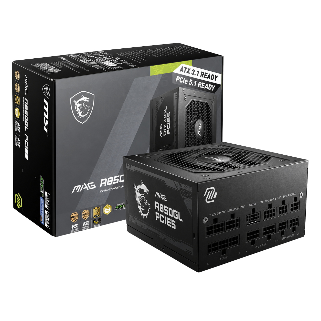 Fuente de Poder MSI MAG A850GLS PCIE5 850W 80 Plus Gold ATX 3.1 Full Modular Negra