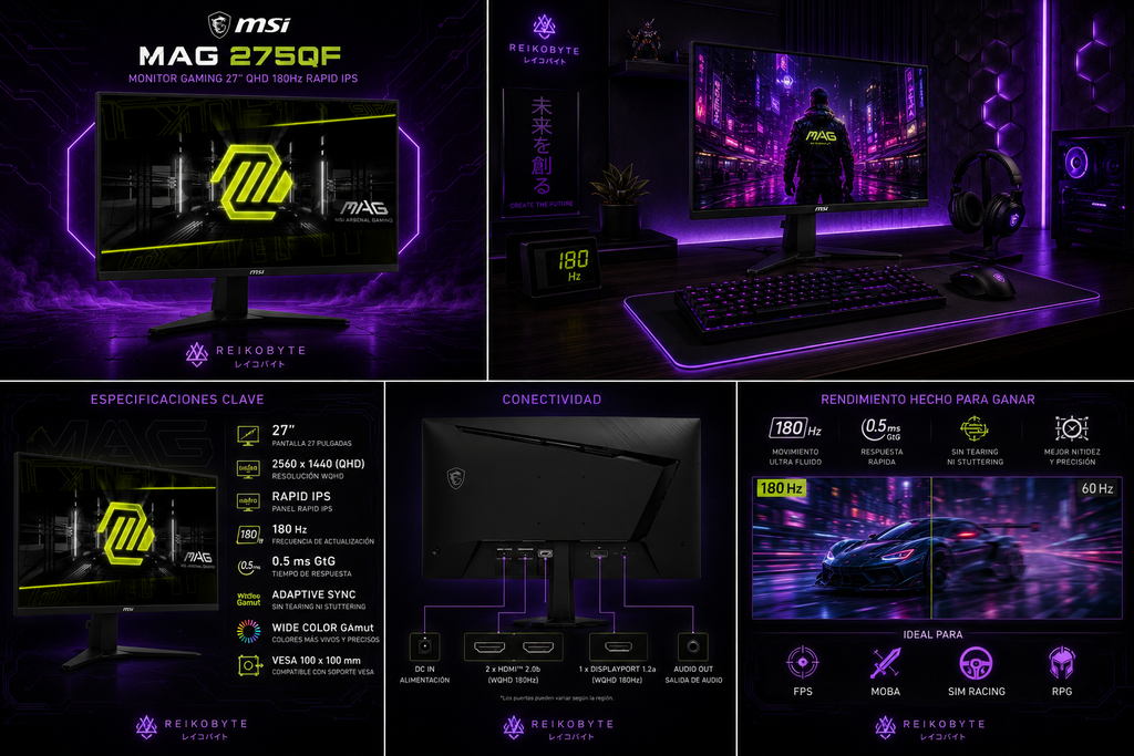 Monitor Gamer MSI MAG 275QF 27" QHD 2560x1440 Rapid IPS 180Hz 0.5ms FreeSync Premium HDR