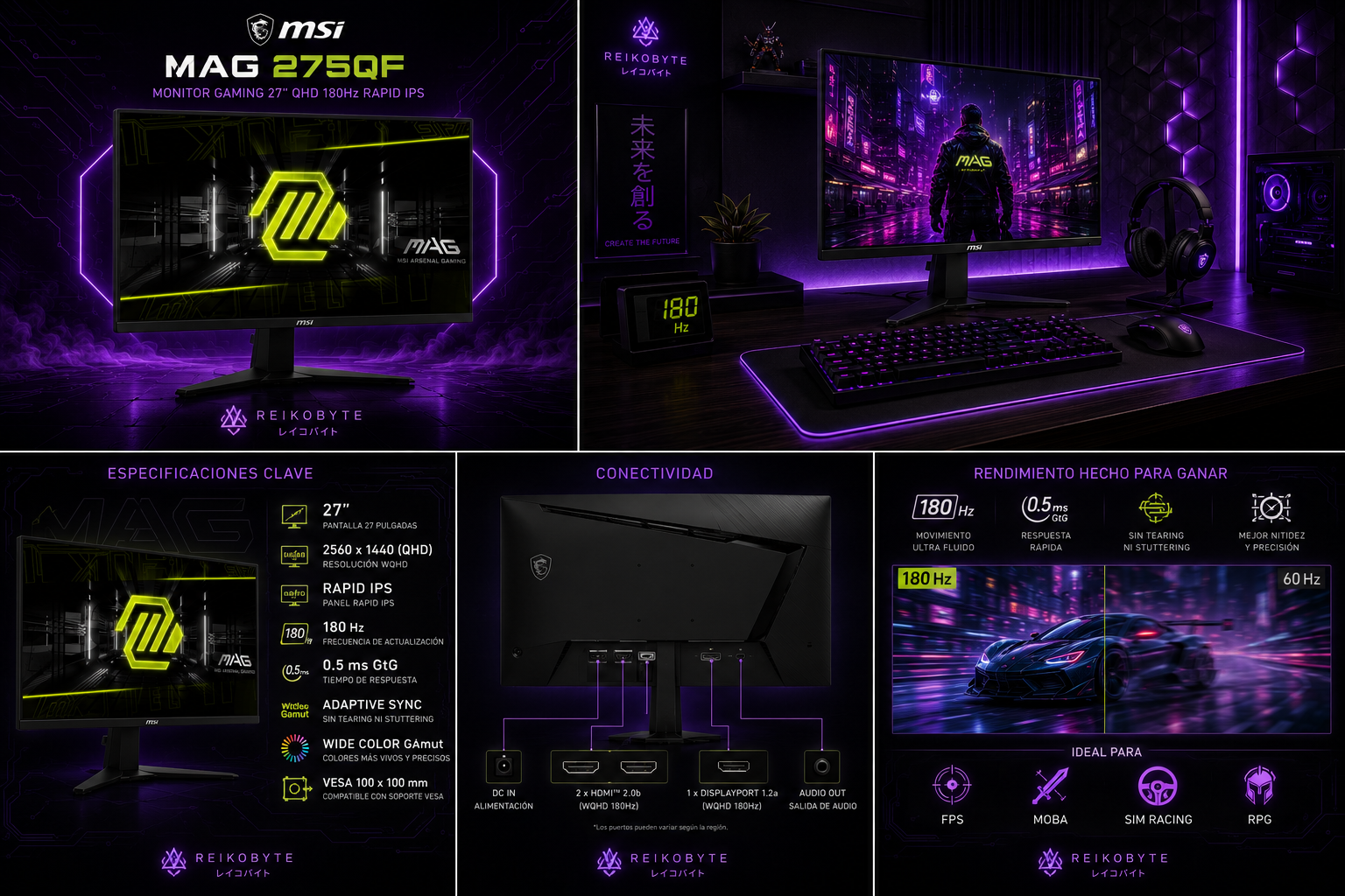 Monitor Gamer MSI MAG 275QF 27" QHD 2560x1440 Rapid IPS 180Hz 0.5ms FreeSync Premium HDR