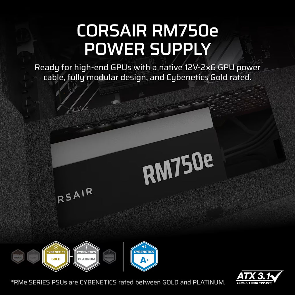 Fuente de Poder Corsair RM750e 750W 80 Plus Gold Full Modular ATX 3.1 PCIe 5.1 Negra