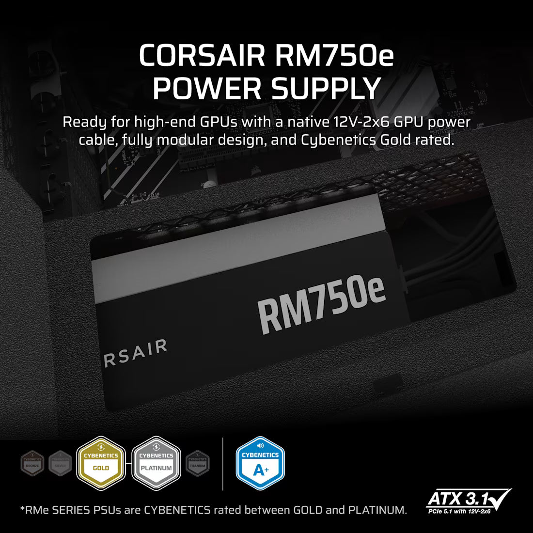 Fuente de Poder Corsair RM750e 750W 80 Plus Gold Full Modular ATX 3.1 PCIe 5.1 Negra