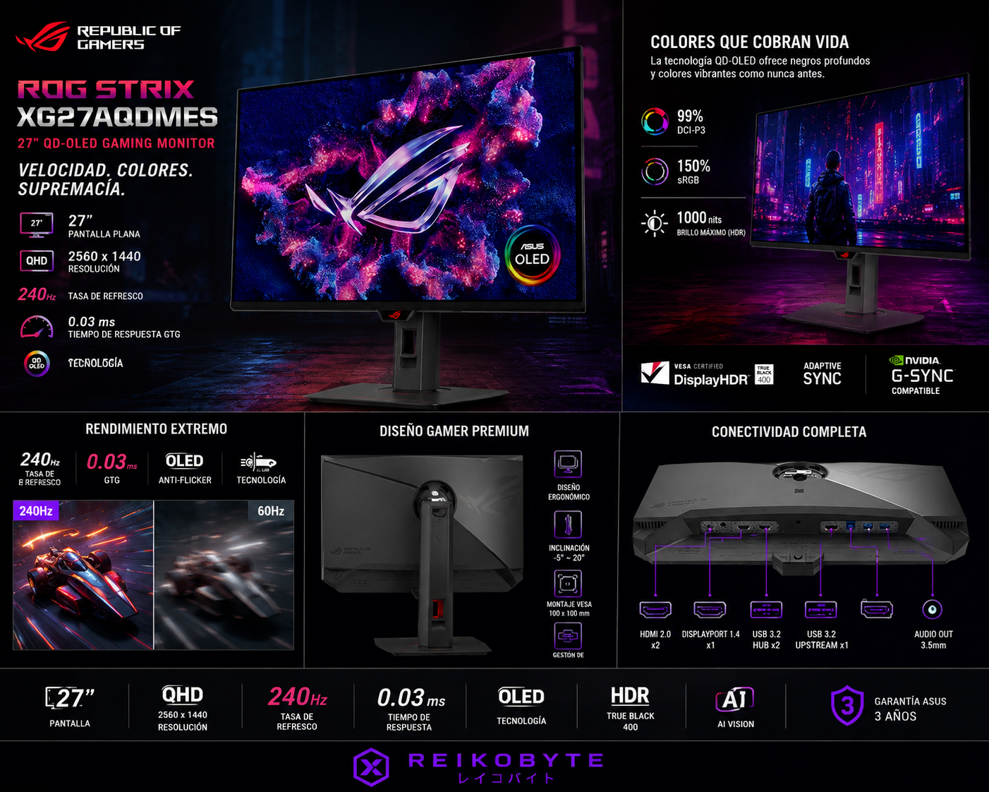 Monitor Gamer ASUS ROG Strix XG27AQDMES 27" QD-OLED QHD 240Hz 0.03ms G-SYNC FreeSync