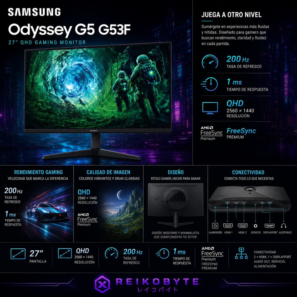 Monitor Gamer Samsung Odyssey G5 G53F 27" QHD 200Hz IPS 1ms FreeSync Premium HDR10