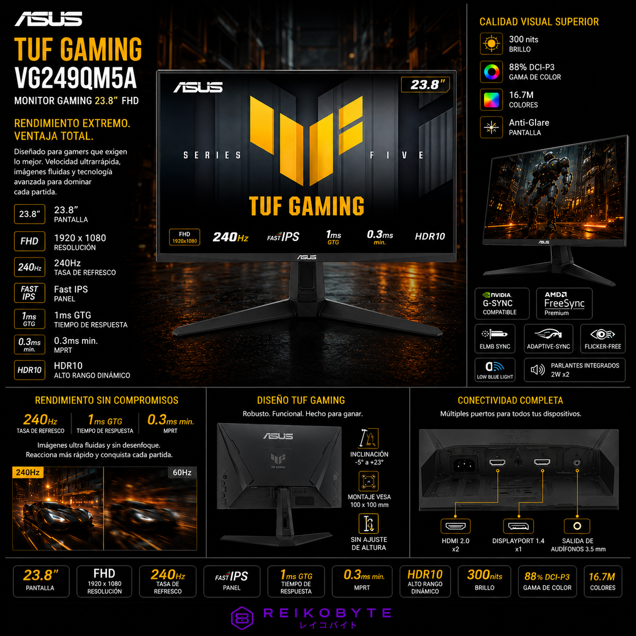 Monitor Gamer ASUS TUF Gaming VG249QM5A 23.8" FHD 240Hz Fast IPS 0.3ms HDR10 FreeSync G-SYNC