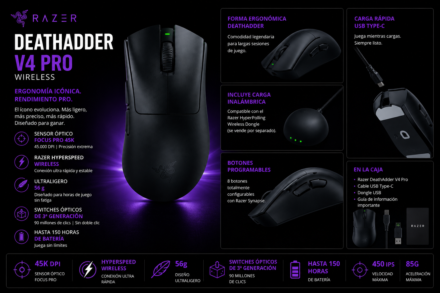 Mouse Gamer Inalámbrico Razer DeathAdder V4 Pro Wireless 45000 DPI 56g Negro