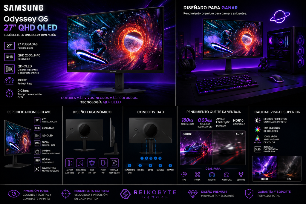 Monitor Gamer Samsung Odyssey OLED G5 G50SF 27" QHD 180Hz 0.03ms G-SYNC FreeSync Glare Free