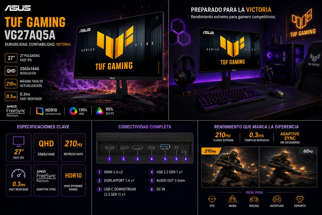 Monitor Gamer ASUS TUF Gaming VG27AQ5A 27" QHD 210Hz Fast IPS 0.3ms FreeSync Premium Altura Ajustable