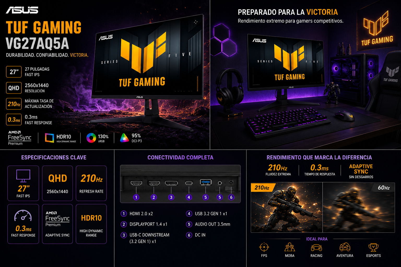 Monitor Gamer ASUS TUF Gaming VG27AQ5A 27" QHD 210Hz Fast IPS 0.3ms FreeSync Premium Altura Ajustable
