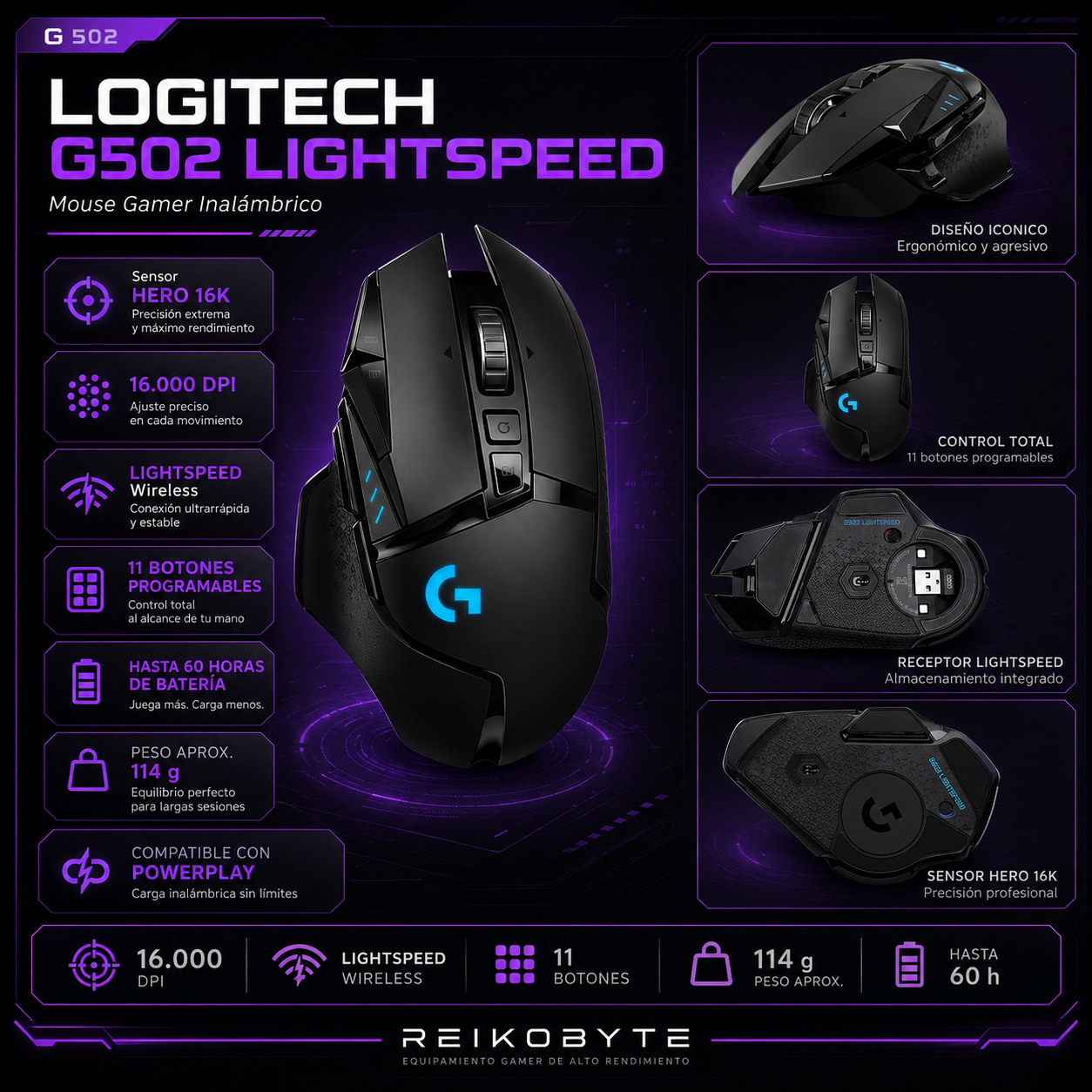 Mouse Gamer Inalámbrico Logitech G502 Lightspeed Óptico 16000 DPI 11 Botones Negro