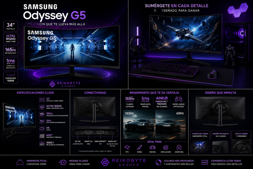 Monitor Gamer Curvo Samsung Odyssey G5 34" Ultra WQHD 165Hz VA 1ms FreeSync Premium HDR10