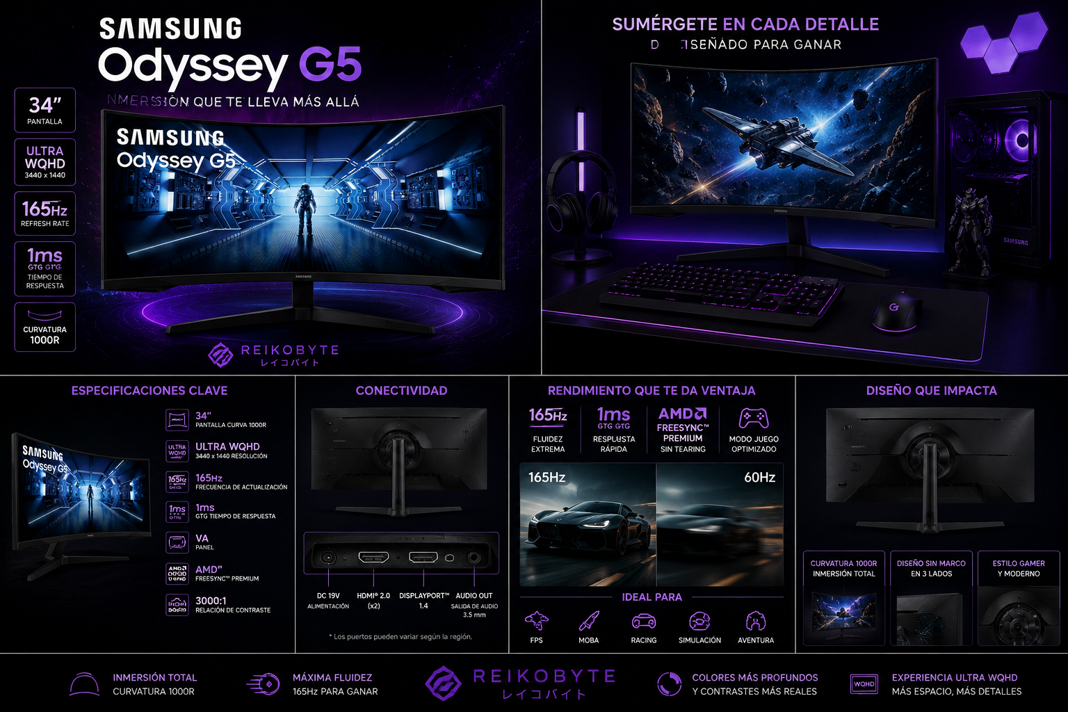 Monitor Gamer Curvo Samsung Odyssey G5 34" Ultra WQHD 165Hz VA 1ms FreeSync Premium HDR10